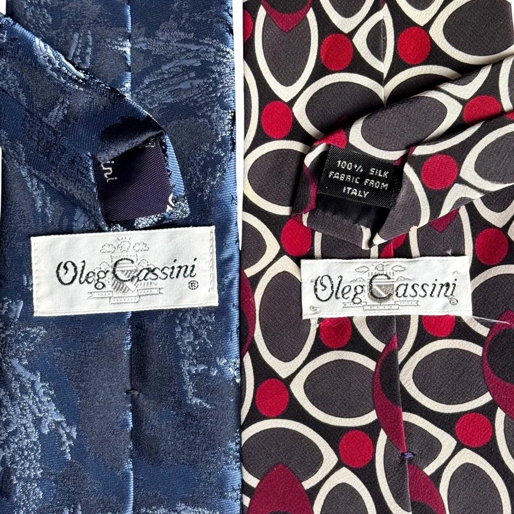 Oleg Cassini Mens Silk Tie Bundle Blue Abstract Floral & Burgundy Geometric 2pk